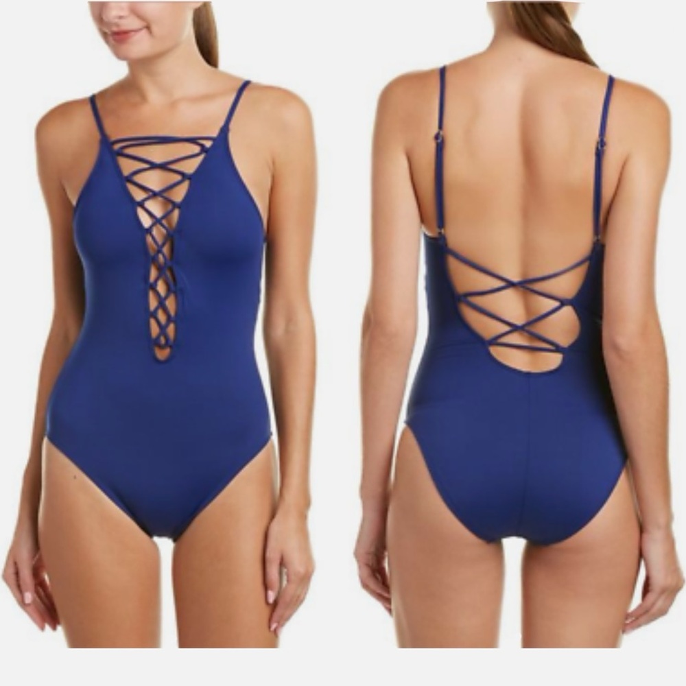 La Blanca Blue One Piece Swimsuit with Lace-Up Detail